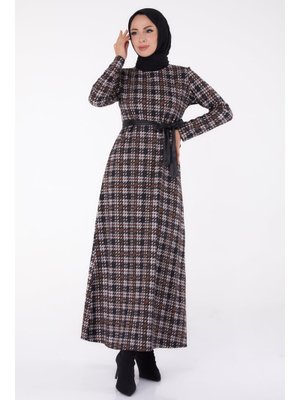 Tofisa Kahve Kazayağı Desenli Kuşaklı Elbise