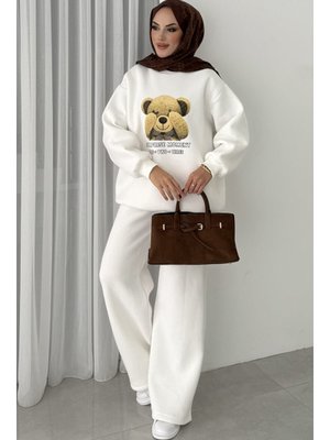 Bestenur Beyaz Ayıcık Desen Üç İplik İkili Takım