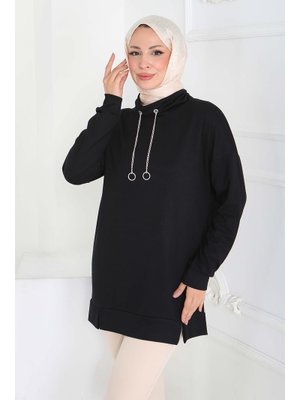 Tofisa Sıyah Siyah Zincir Detaylı Modal Tunik