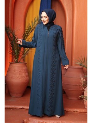 Neva Style Boncuk İşlemeli Petrol Mavisi Ferace 29123pm