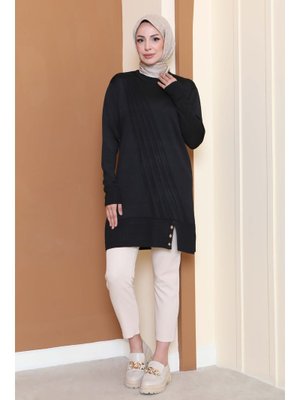 Tofisa Siyah Sıyah Düğmeli Fitilli Triko Tunik
