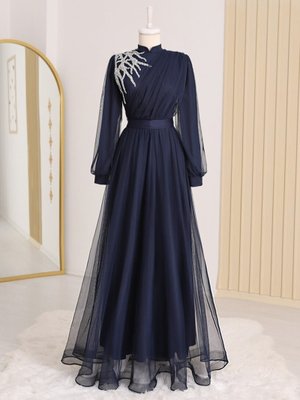 Podyumplus Laci Önü Taş Detaylı Drapeli Kemerli Tül Abiye Elbise