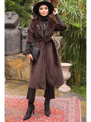 İmaj Butik Kahverengi Kolları Örgü Detaylı Angora Kaban