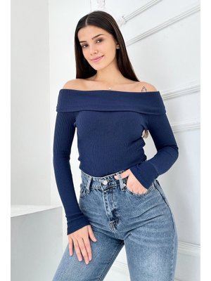 Tofisa Lacivert Lacıvert Madonna Yaka Kaşkorse Uzun Kollu Bluz