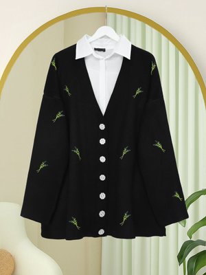 Podyumplus Siyah Taşlı Düğmeli Dal Desenli Triko Hırka