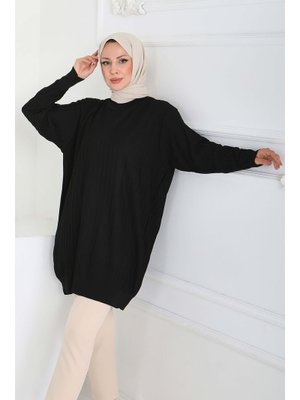 Tofisa Siyah Sıyah Çima Detaylı Triko Tunik