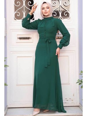 Neva Style Düğme Detaylı Zümrüt Yeşili Elbise 2703zy