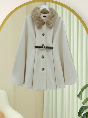 Podyumplus Bej Yakası Kürklü Beli Kemerli Düğmeli Kaşe Panço