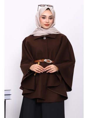 İmaj Butik Kahverengi Kemerli Kaşe Panço