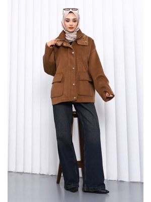 İmaj Butik Camel Fermuarlı Astarlı Oversize Kaşe Kaban