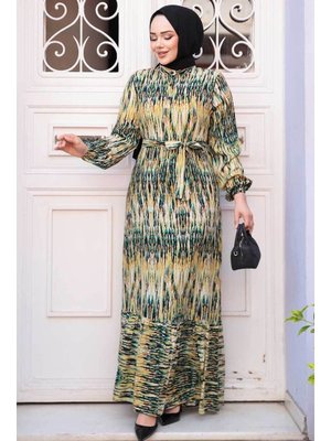 Neva Style Desenli Yağ Yeşili Elbise 52721yy
