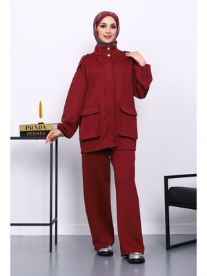 İmaj Butik Bordo Fermuarlı Scuba Ceket Pantolonlu Takım