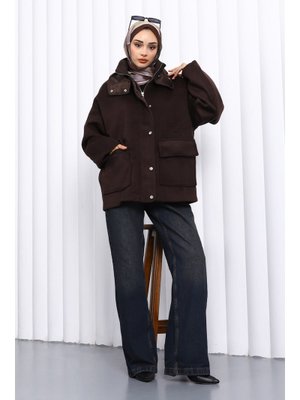 İmaj Butik Kahverengi Fermuarlı Astarlı Oversize Kaşe Kaban