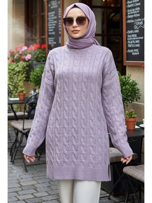 Neva Style Örgü Detaylı Lila Triko Kazak Tunik 8263lıla