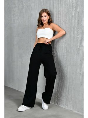 IŞŞIL Siyah Fitilli Örme Palazzo Triko Pantolon