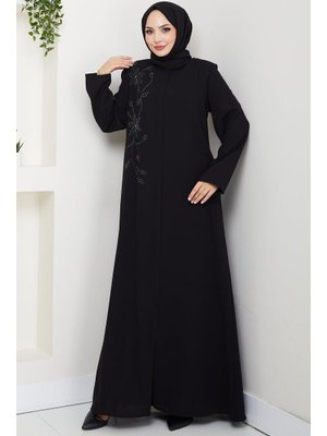 Hafsa Mina Siyah Çiçek Detay Taşlı Ferace