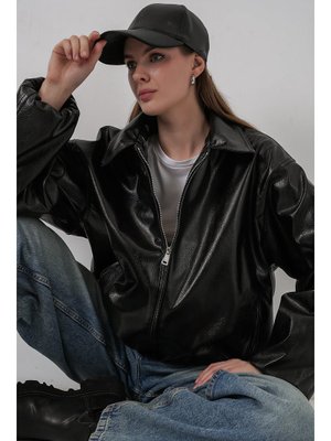Bigdart Siyah Oversize Suni Deri Ceket