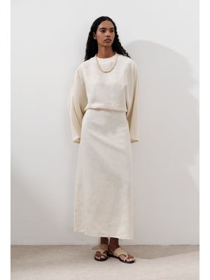 MANUKA Vanilya Keten Geniş Bağlamalı Elbise