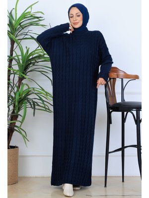 Benguen Lacivert Örgü Desenli Triko Elbise