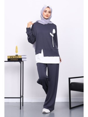 İmaj Butik Füme Bisiklet Yaka Gül Detaylı Tunik Pantolonlu Modal Takım