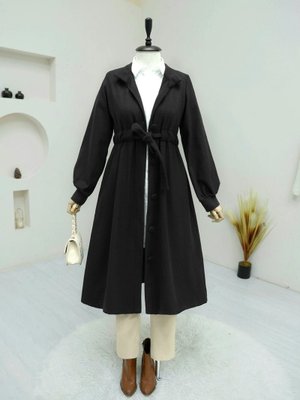 Podyumplus Siyah Belden Bağlamalı Top Düğmeli Kaşe Kaban