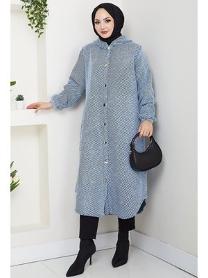 Bestenur Mavi Çizgi Detay Kapüşonlu Kaşe Kap