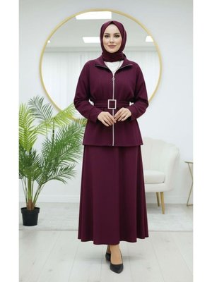 Volt Clothing Bordo Loyşa Kemer Detaylı Etekli Takım