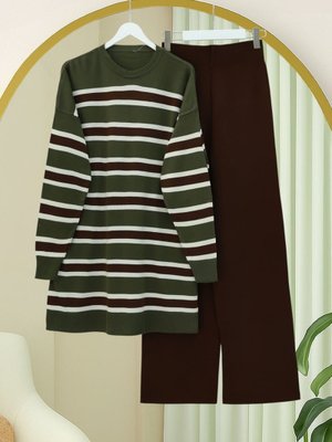 Podyumplus Haki Yuvarlak Yaka Renkli Çizgili Salaş Triko Takım