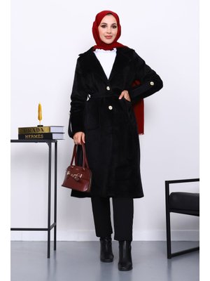 İmaj Butik Siyah Kruvaze Yaka Kol Apoletli Angora Kaban