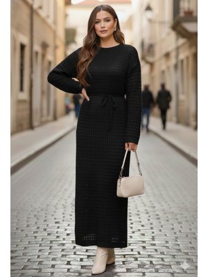 Benguen Siyah Palmiye Fileli Triko Elbise