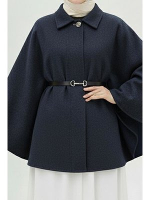 İmaj Butik Lacivert Kemerli Kaşe Panço