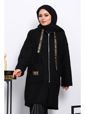 İmaj Butik Siyah Kapüşonlu Cep Detaylı Buklet Kaban