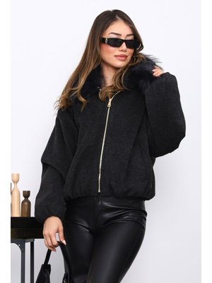 İmaj Butik Siyah Yaka Kürklü Oversize Bomber Kaşe Ceket