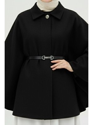 İmaj Butik Siyah Kemerli Kaşe Panço