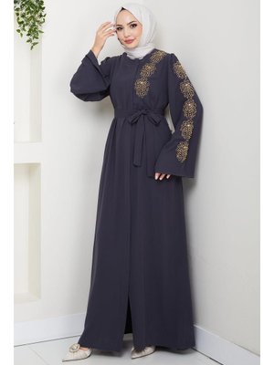 Hafsa Mina Füme Çiçek Taşlı Kuşaklı Ferace