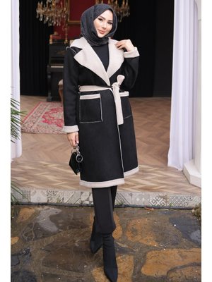 İmaj Butik Siyah Kruvaze Yaka İçi Kürklü Süet Kaban