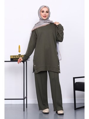 İmaj Butik Haki Bisiklet Yaka Çıtçıt Detaylı Modal Takım