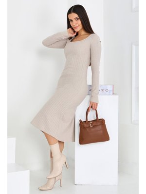 Tofisa Bej Kare Yaka Fitilili Kaşkorse Elbise