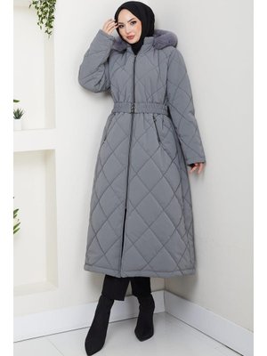 Hafsa Mina Gri Nova Büyük Beden Kapitone Mont