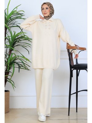 Benguen Taş Rengi Düğme Detaylı Triko Takım