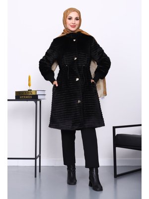 İmaj Butik Siyah Bel Lastikli Angora Kürk Kaban