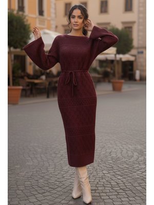 Benguen Bordo Baklava Desenli Fileli Triko Elbise