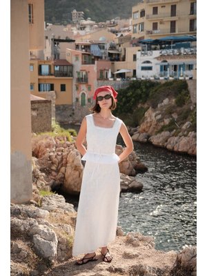 MANUKA Ekru Nakışlı Midi Etek