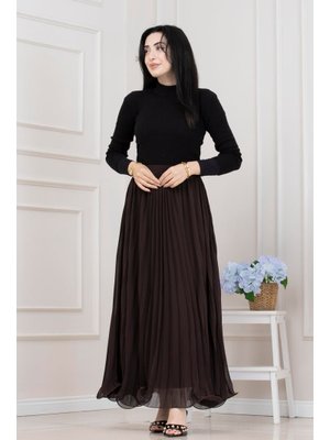 Sevitli Kahverengi Piliseli Şifon Etek