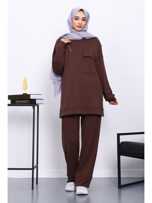 İmaj Butik Kahverengi Tek Cepli Tunik Pantolonlu Modal Takım
