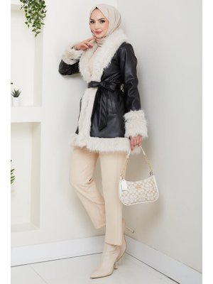 Harmatime butik İçi Astarlı Tüylü Kemerli Deri Siyah Ceket