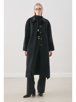 MANUKA Siyah Premıum Kaşe Uzun Kaban