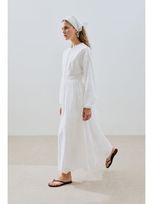 MANUKA Ekru Brode Düğmeli Elbise