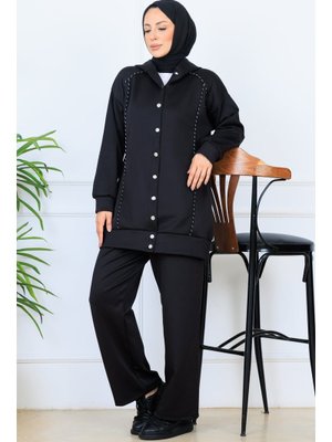 Benguen Siyah Kapüşonlu Düğmeli Scuba Takım