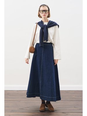 MANUKA İndigo Dikiş Detaylı Geniş Denim Etek